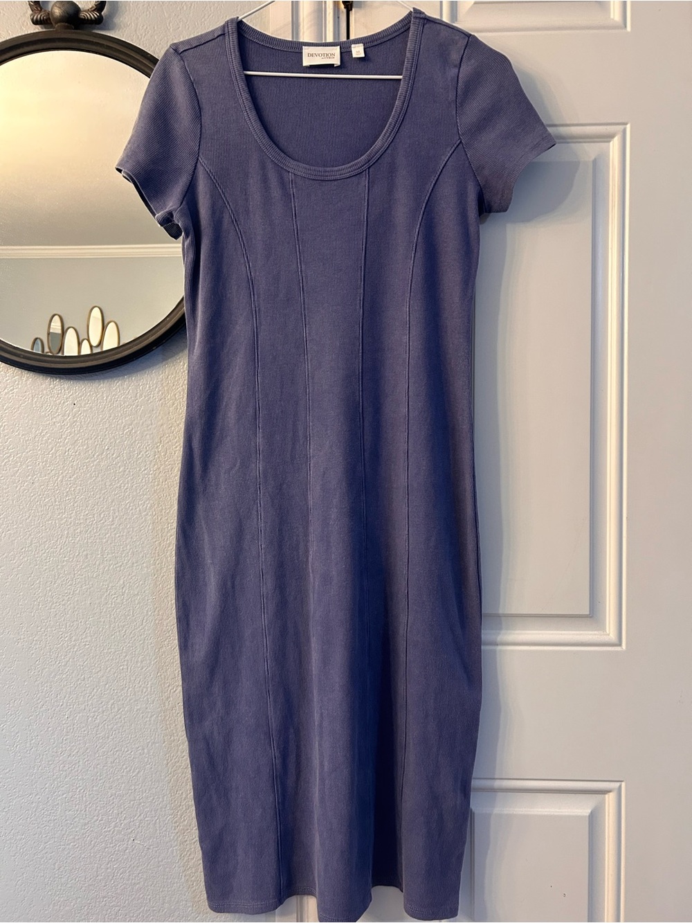 Devotion by Cyrus Short Sleeve Scoop Neck Midi Dress in Slate Blue